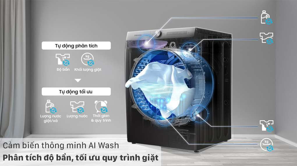 Máy giặt sấy Samsung WD21T6500GV/SV - Phân tích độ bẩn, tối ưu hóa quy trình giặt hoàn hảo với cảm biến giặt AI Wash