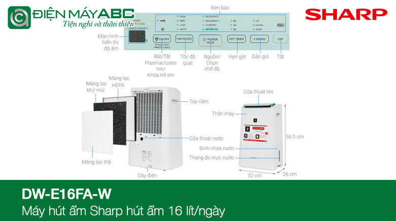 đánh giá máy lọc không khí và hút ẩm sharp dw e16fa w