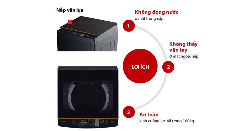 máy giặt toshiba 10kg aw dm1100jv mk - Nắp kính cường lực bo tròn, hỗ trợ đóng chậm, đảm bảo an toàn. 