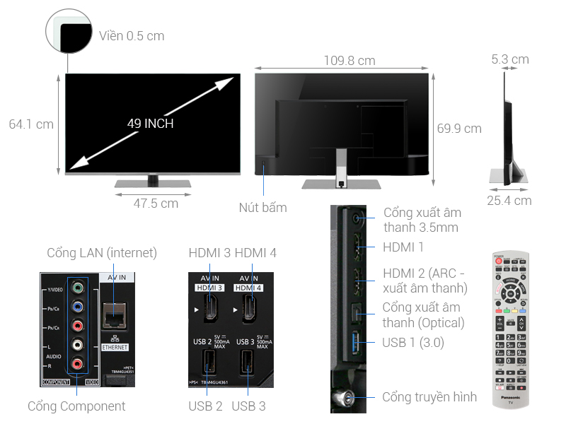 Thông số kỹ thuật Smart Tivi Panasonic 4K 49 inch TH-49FX800V