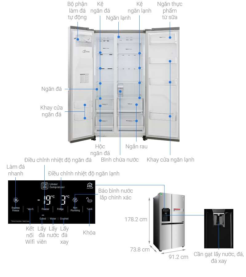 Thông số kỹ thuật Tủ lạnh LG Inverter 601 lít GR-D247JDS