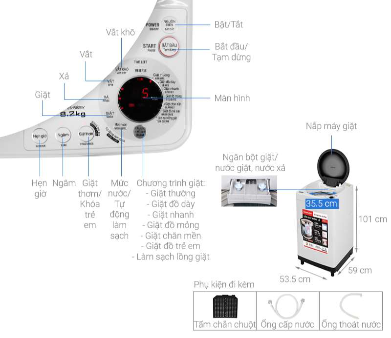 Thông số kỹ thuật Máy giặt Sharp 8.2 kg ES-W82GV-H