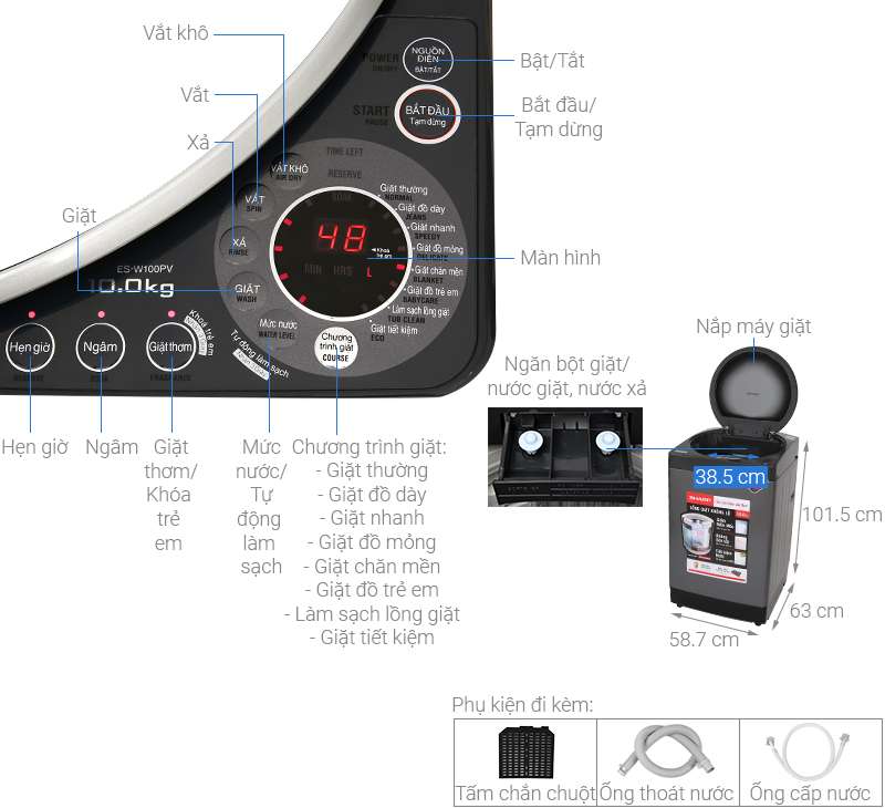 Thông số kỹ thuật Máy giặt Sharp 10 kg ES-W100PV-H