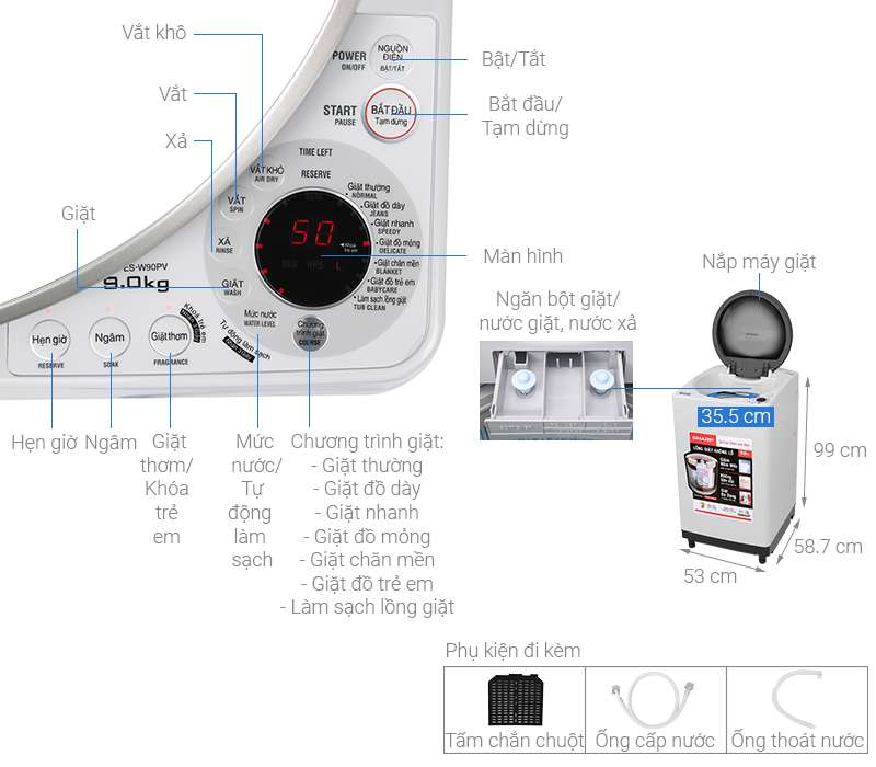 Thông số kỹ thuật Máy giặt Sharp 9 kg ES-W90PV-H