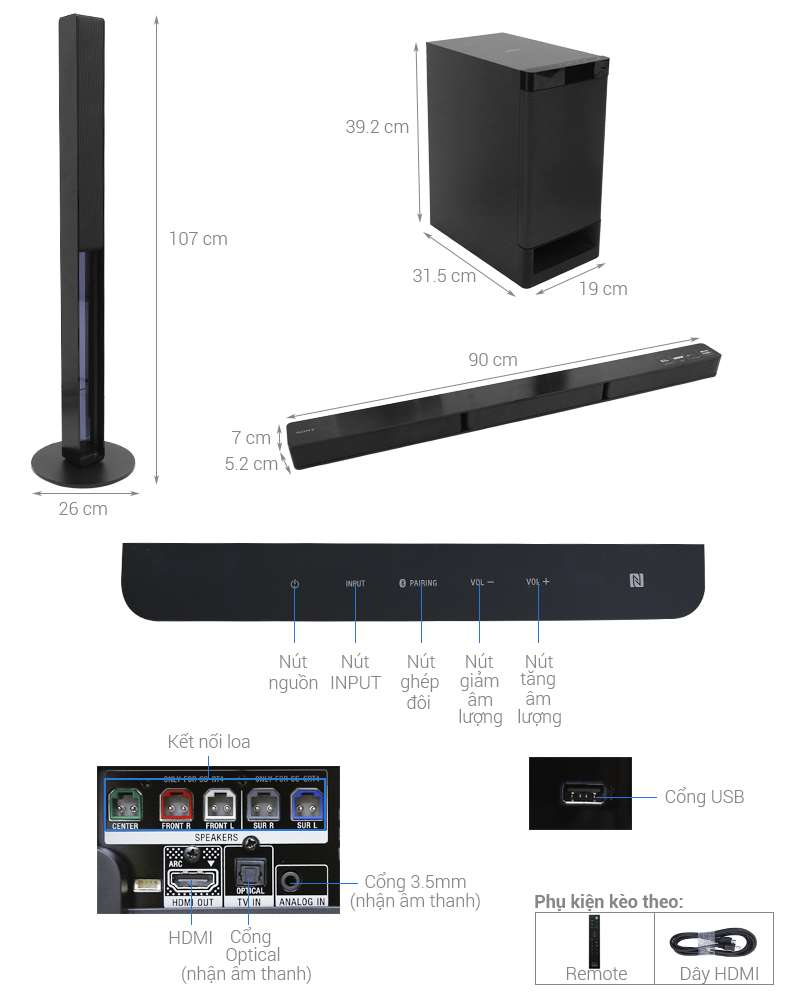 Thông số kỹ thuật Dàn âm thanh Sony 5.1 HT-RT40 600W