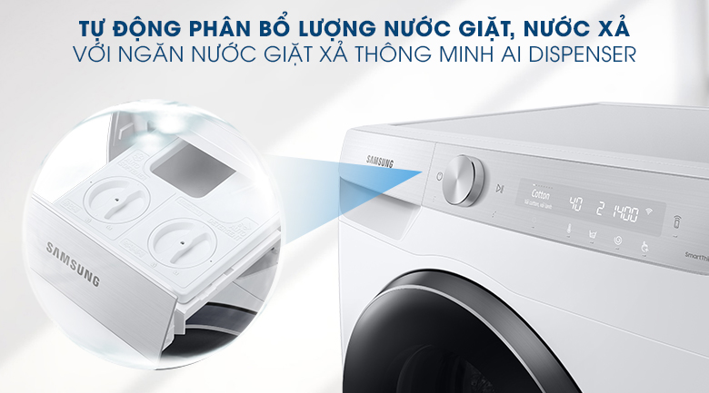 Máy giặt Samsung AI Inverter 9kg WW90TP44DSH/SV - Ngăn nước giặt xả AI Dispenser