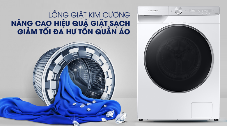 Máy giặt Samsung AI Inverter 9kg WW90TP44DSH/SV - Lồng giặt kim cương giảm hư tổn quần áo