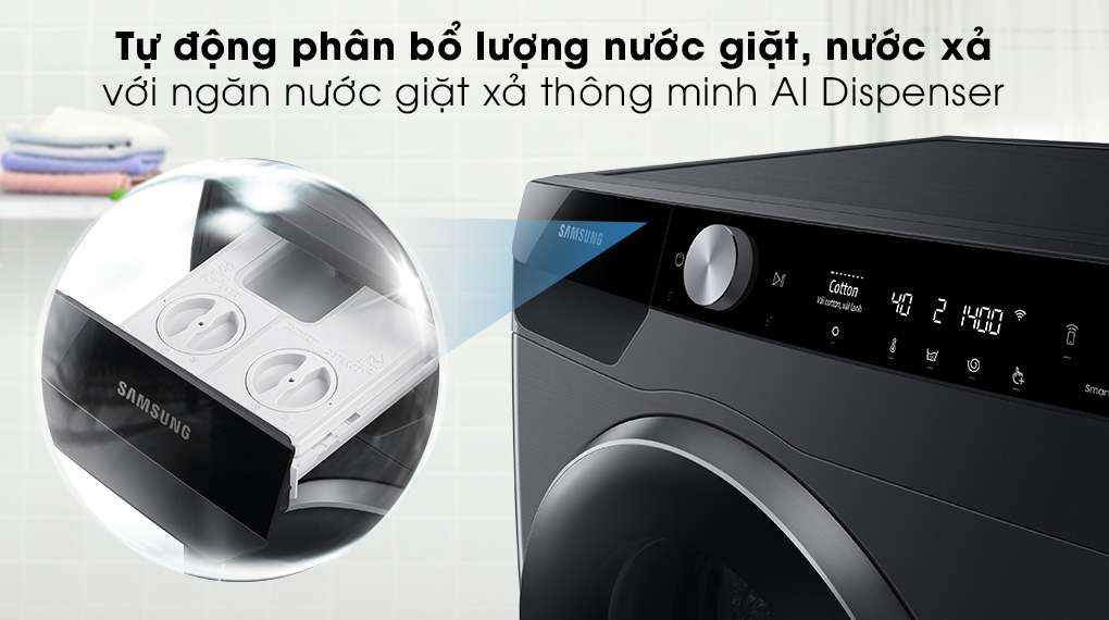 Máy giặt Samsung Inverter 10kg WW10TP44DSB/SV -Phân bổ nước giặt xả tối ưu với ngăn AI Dispenser