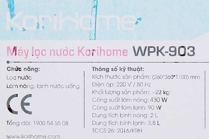 Công suất lọc, dung tích - Máy lọc nước nóng lạnh RO Korihome WPK-903