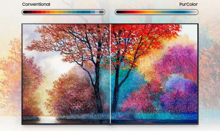 Bức tranh bên phải so với bức tranh thông thường bên trái cho thấy phạm vi tái tạo màu rộng hơn nhờ công nghệ PurColor.