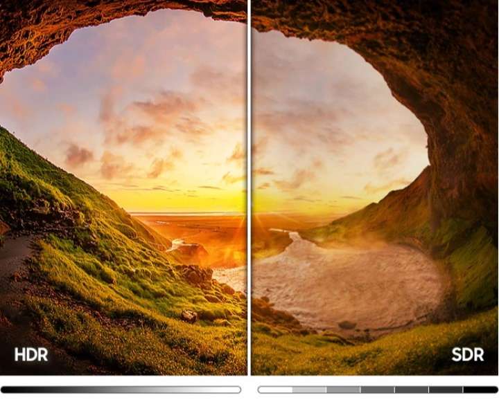 Hình ảnh hang động bãi biển ở bên trái so với Hình ảnh SDR ở bên phải cho thấy phạm vi mức độ sáng và tối rộng hơn do công nghệ HDR.