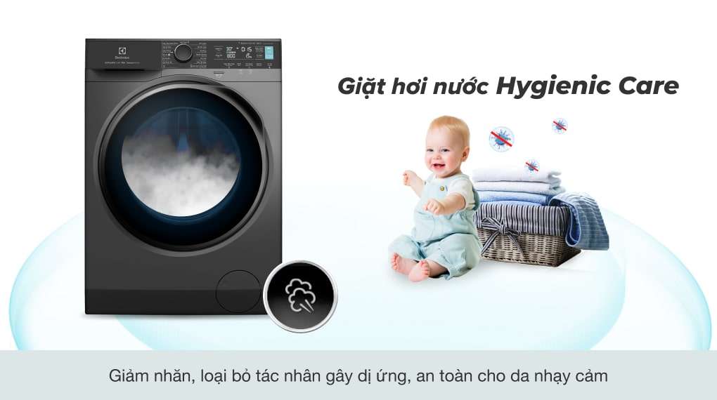 Loại bỏ đến 99.99% vi khuẩn và chất gây dị ứng với công nghệ giặt hơi nước Hygienic Care - Máy giặt Electrolux Inverter 9 kg EWF9042R7SB