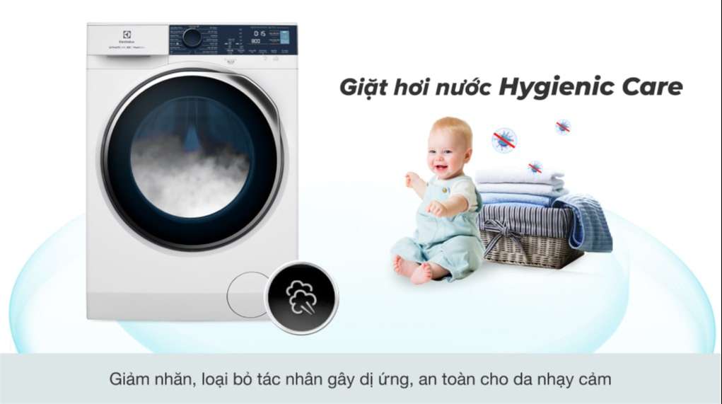 Loại bỏ đến 99.99% vi khuẩn và chất gây dị ứng với công nghệ giặt hơi nước Hygienic Care - Máy giặt sấy Electrolux Inverter 10 kg EWW1024P5WB