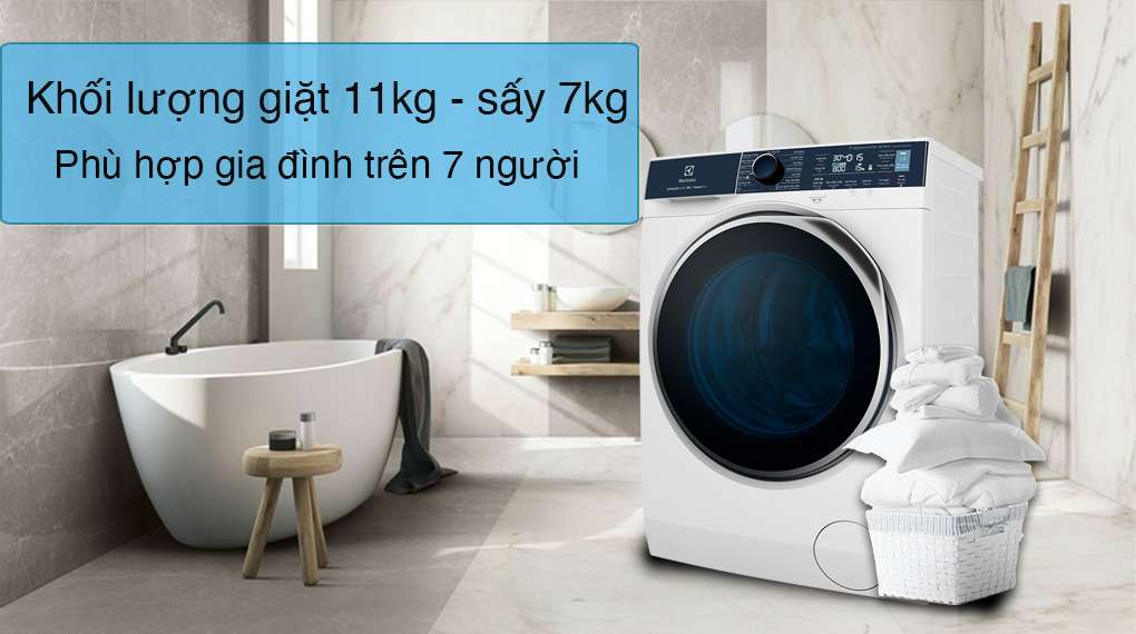 Máy giặt sấy Electrolux Inverter 11 kg EWW1142Q7WB-Khối lượng giặt 11kg, phù hợp gia đình nhiều thành viên (trên 7 người)
