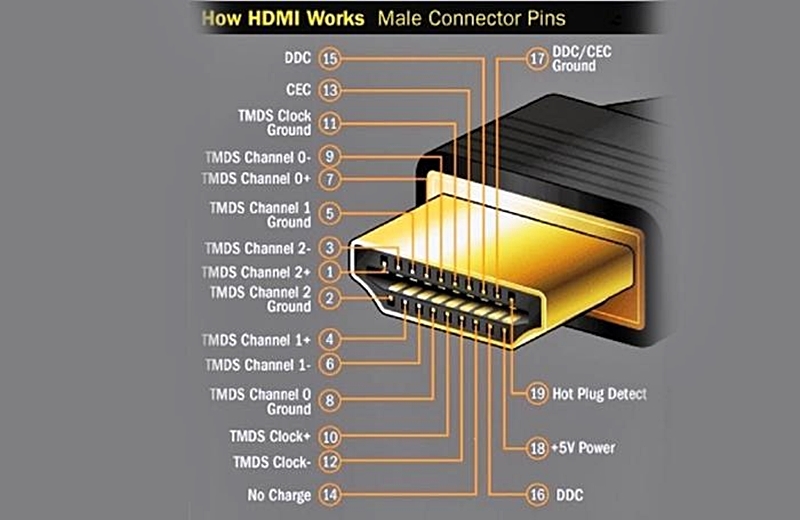 Cấu tạo đầu cáp HDMI gồm 19 chân