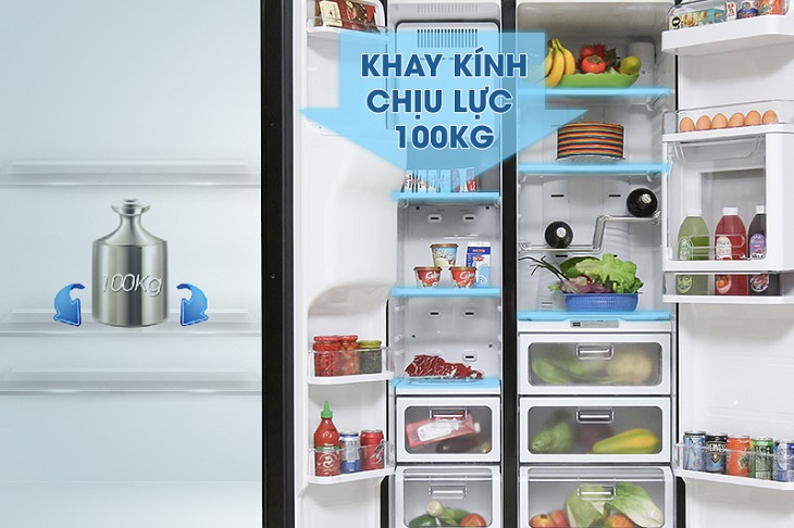 Tủ lạnh side by side Samsung và khay kính chịu lực