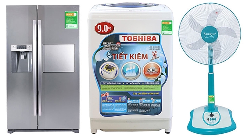 Nhãn năng lượng trên tủ lạnh, máy giặt và quạt điện.