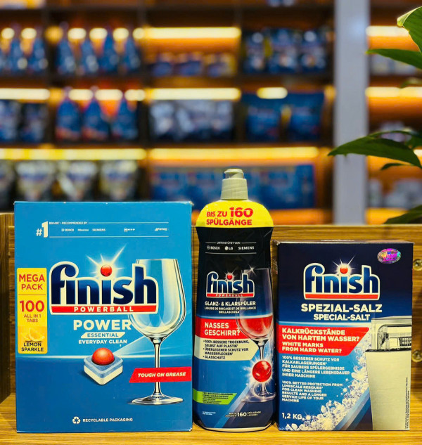 Combo Hoàn Hảo Cho Máy Rửa Bát Muối + Viên Rửa + Nước Làm Bóng Finish